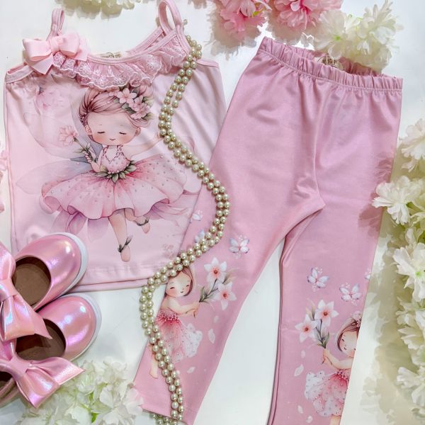 Conjunto Infantil Yoyo Regata Rosa Claro Fada Laço Renda/ Calça Rosa Strass