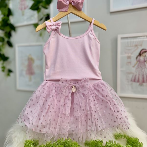 Conjunto Infantil Yoyo Regata Rosa Lisa Laço Saia Tutu Rosa Brilho Estrela Laço Strass