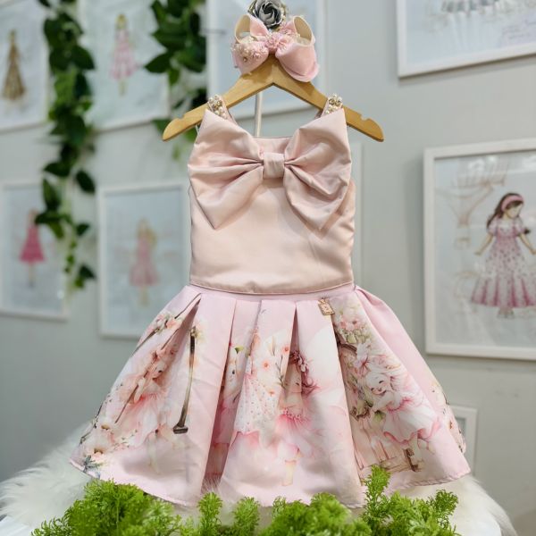 Conjunto Infantil Yoyo Rosa Blusa Lisa Laço Amarração Cruzada Costas Pérolas Strass Saia Estam. Fada