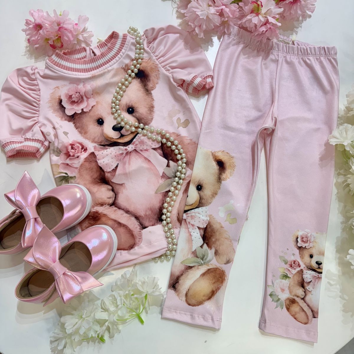 Conjunto Infantil Yoyo Rosa Claro Blusa Calça Ursinhos Strass