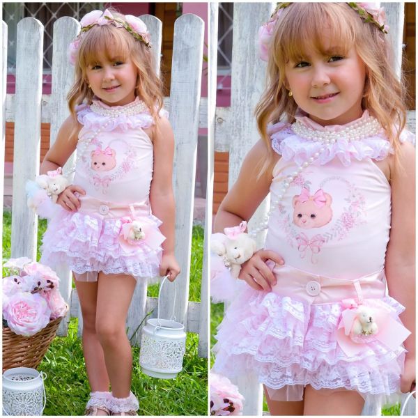 Conjunto Bebê Menina Urso Laço Branco/Rosa