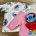 Conjunto Pijama Animê Blusa Off White Stitch Colorido Neon Legging Rosa Canelada Lisa