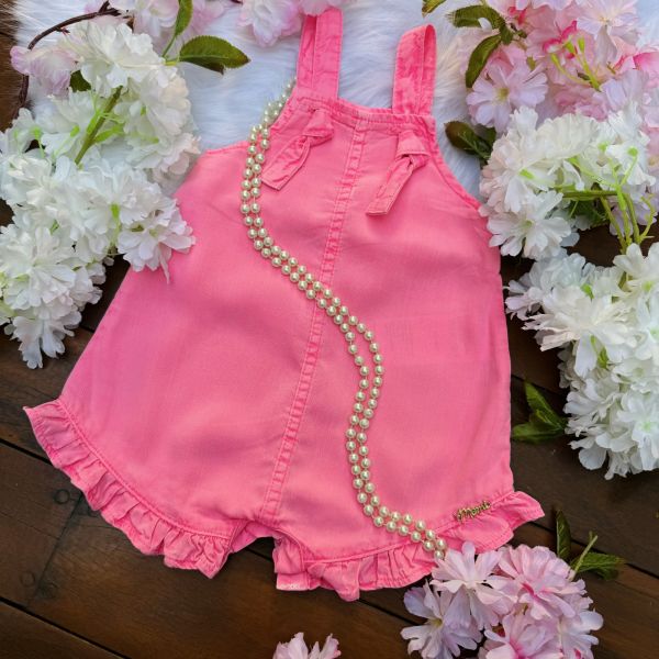 Jardineira Infantil Feminina Momi Rosa Neon Sarja