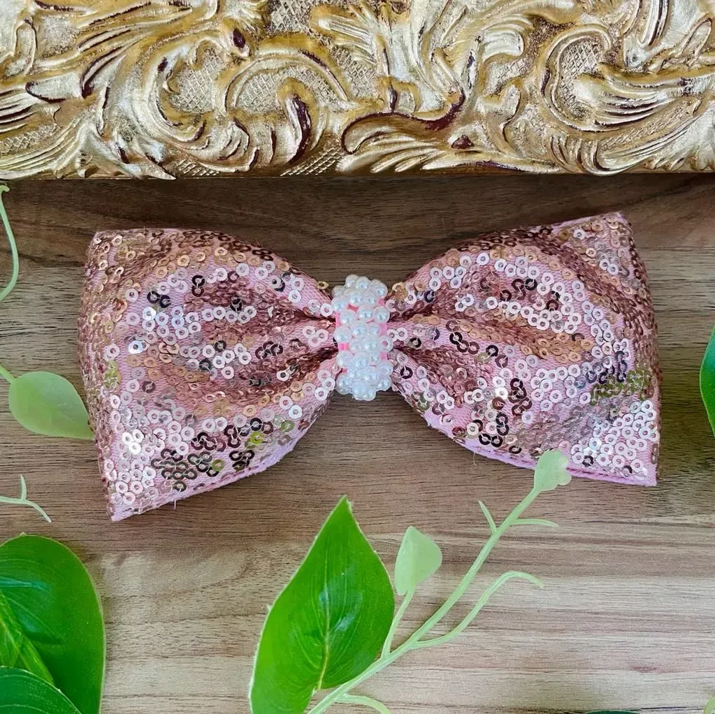 Laço Infantil Rosé em Paetês Dourado Aplique Borboleta Rosé Euro Baby