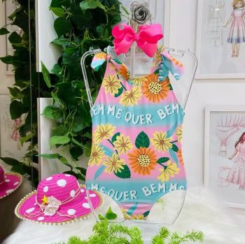 Maiô Infantil Rosa e Verde Estampado Flores do Verão Bem Me Quer Mon Sucré