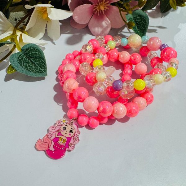 Mix de Pulseiras Infantil Euro Baby Kids Miçangas Pink Coloridas Pingente Sereia