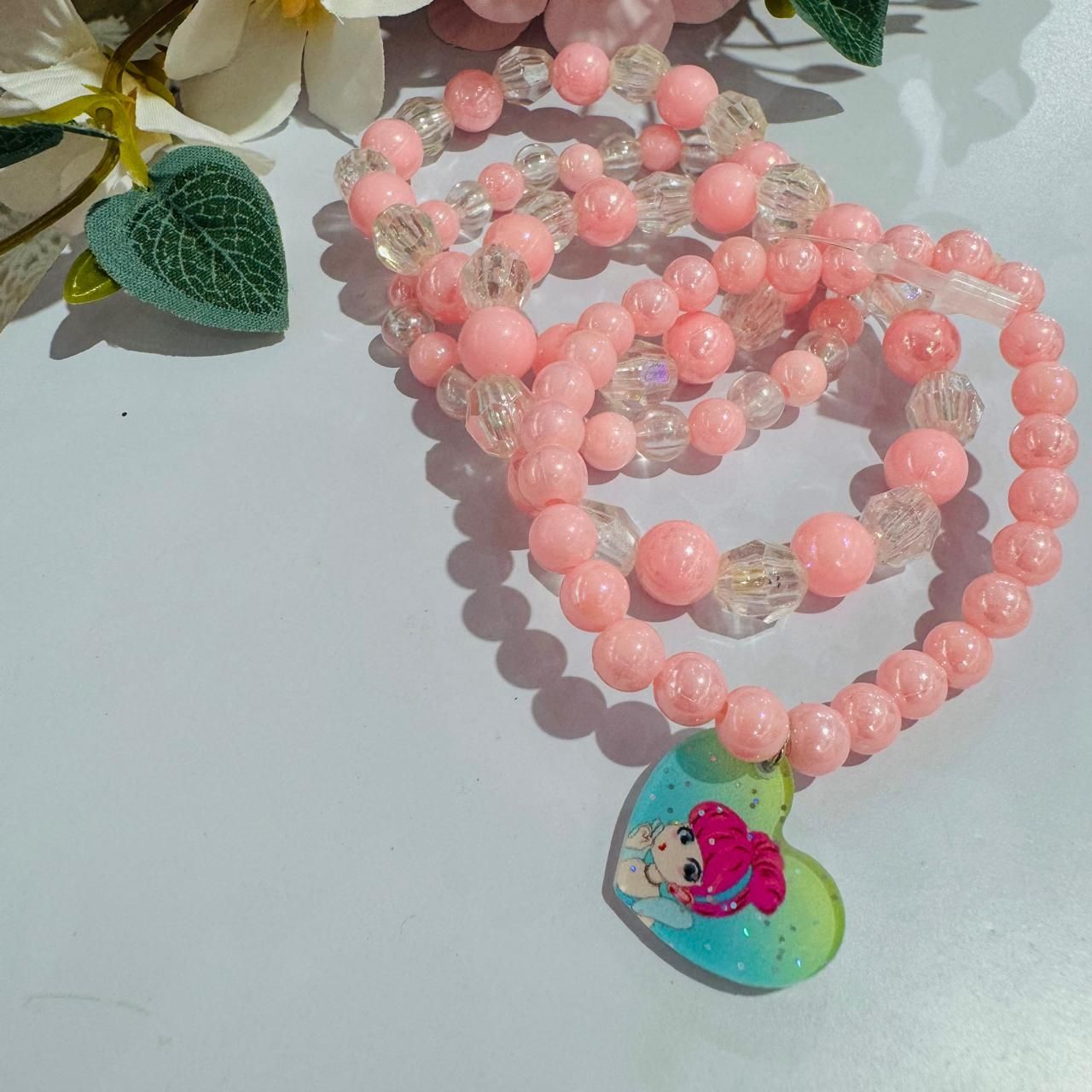 Mix de Pulseiras Infantil Euro Baby Kids Miçangas Coloridas Rosa Claro Pingente Coração Princesa