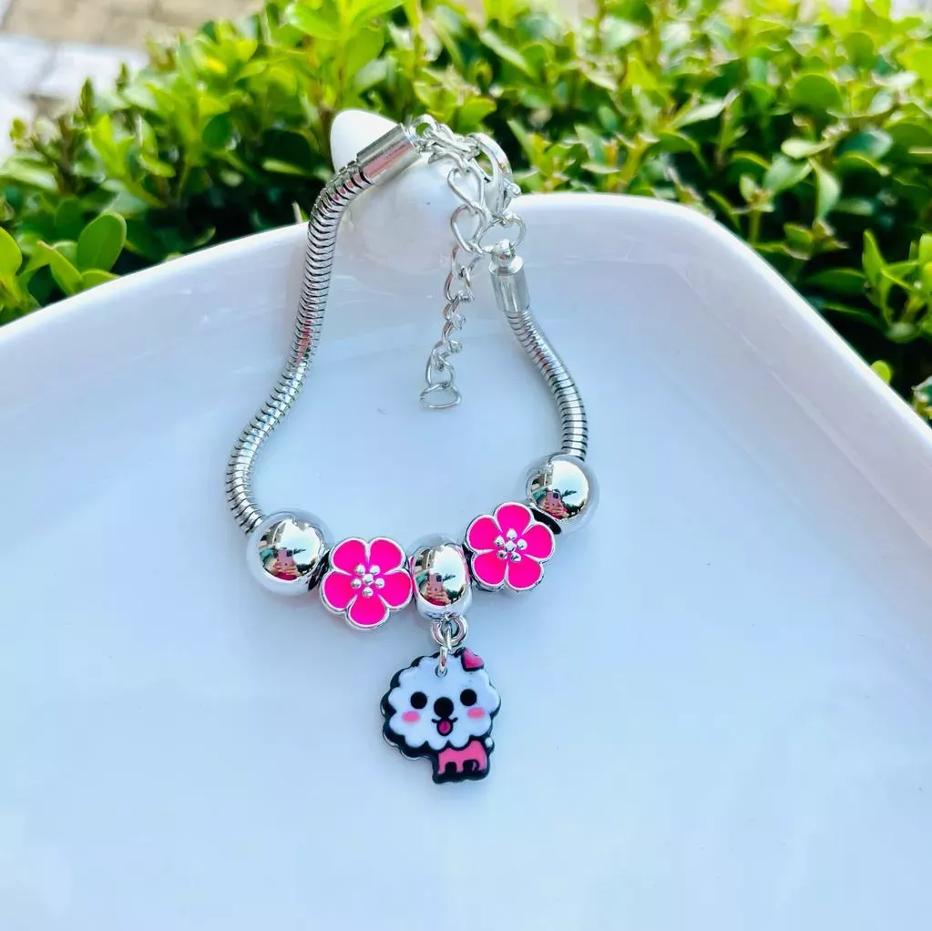 Pulseira Infantil Euro Baby Prata Berloques Ovelha e Flores Rosas