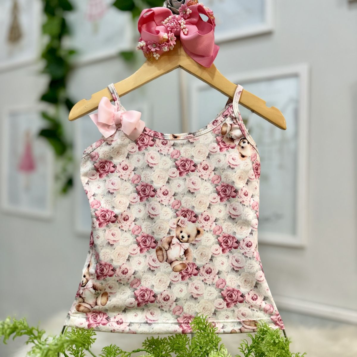 Regata Infantil Yoyo Off White Floral Ursos Flores Laço Rosa Claro