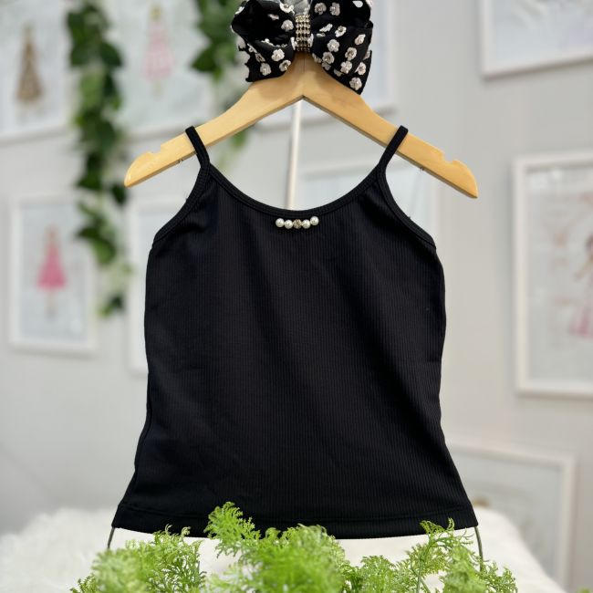 Laço Infantil Euro Baby Kids de Gorgorão Preto com Mini-Flores Brancas Pérolas e Strass