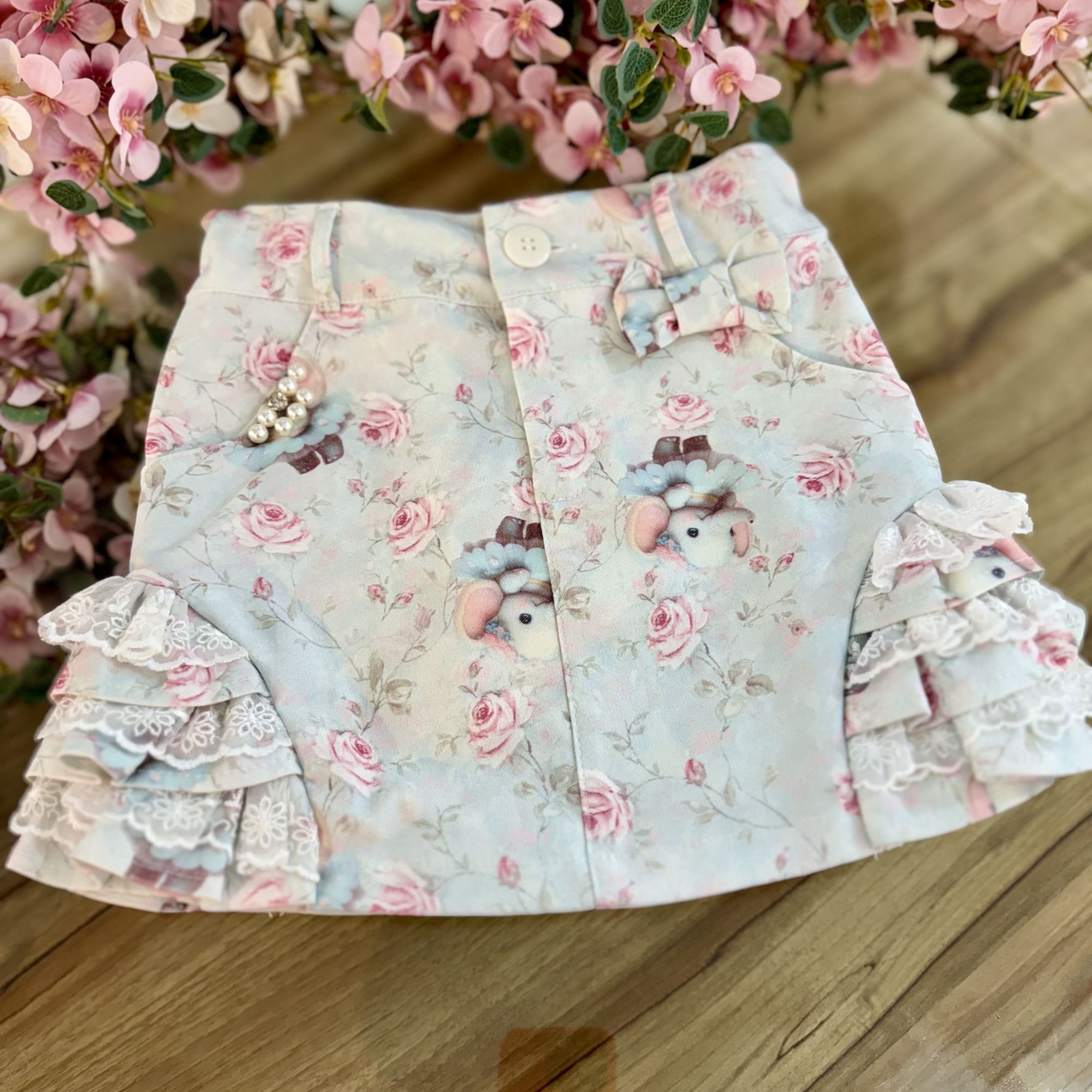 Saia Infantil Yoyo Floral Elefantes Pérolas Strass Laço e Renda