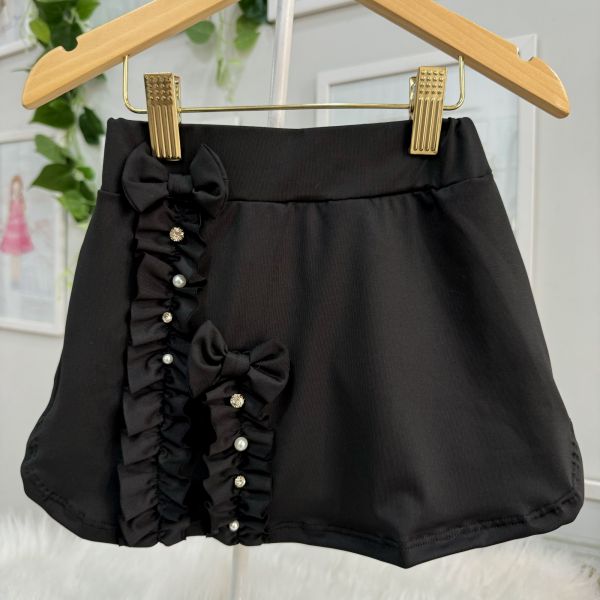 Saia Infantil Yoyo Preto Babado Pérola Strass