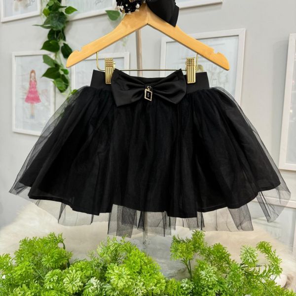 Saia Infantil Yoyo Preto Tule Cinta Strass