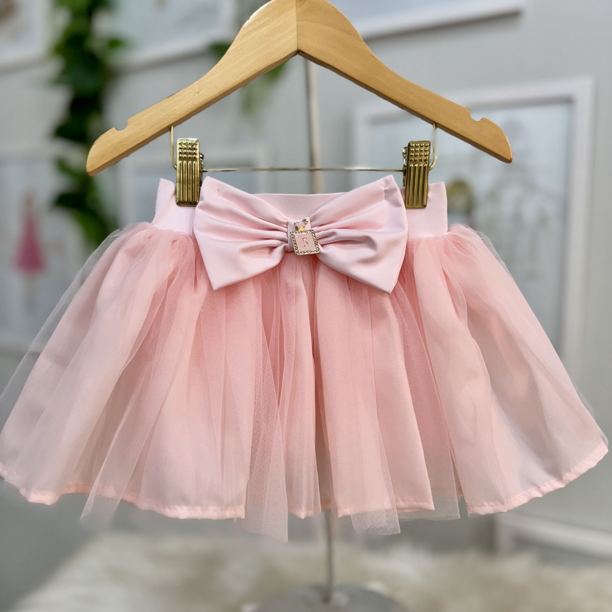 Saia Infantil Yoyo Rosa Tule Cinta Strass