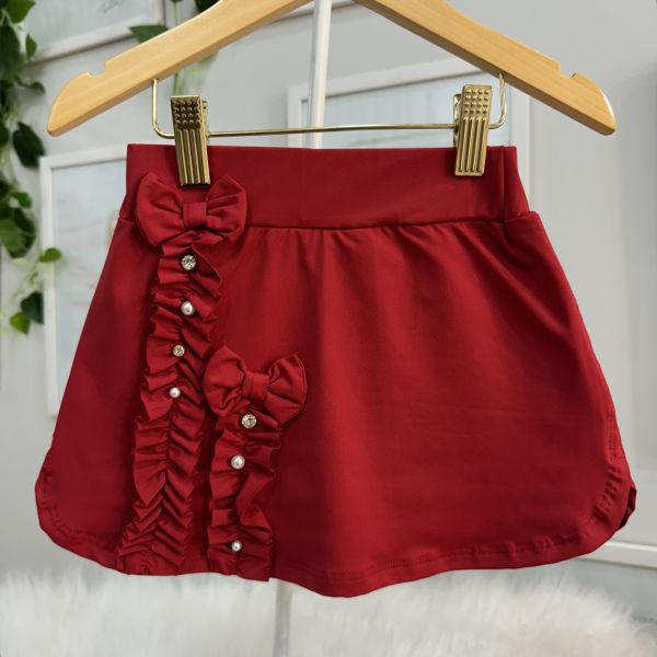 Saia Infantil Yoyo Vermelho Babado Pérola Strass