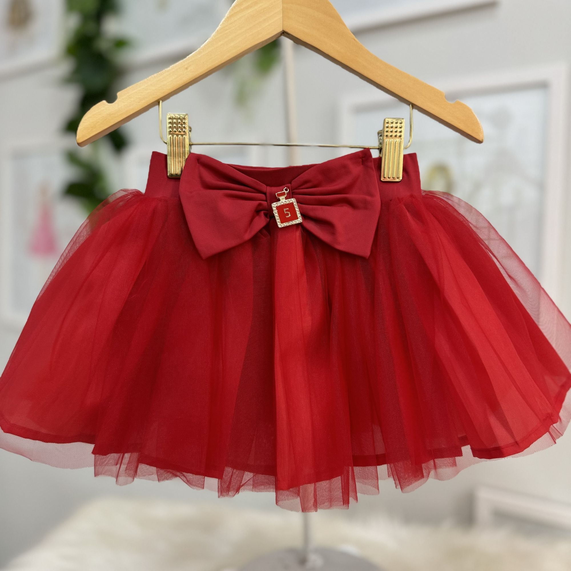 Saia Infantil Yoyo Vermelho Tule Cinta Strass