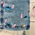 Salopete Infantil Momi Jeans Stitch Bolso Frontal Estampa Stitch