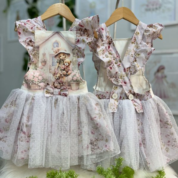 Salopete Infantil Yoyo Off White Floral Menina Manga Bufante Strass Sobrep.Tule Laço