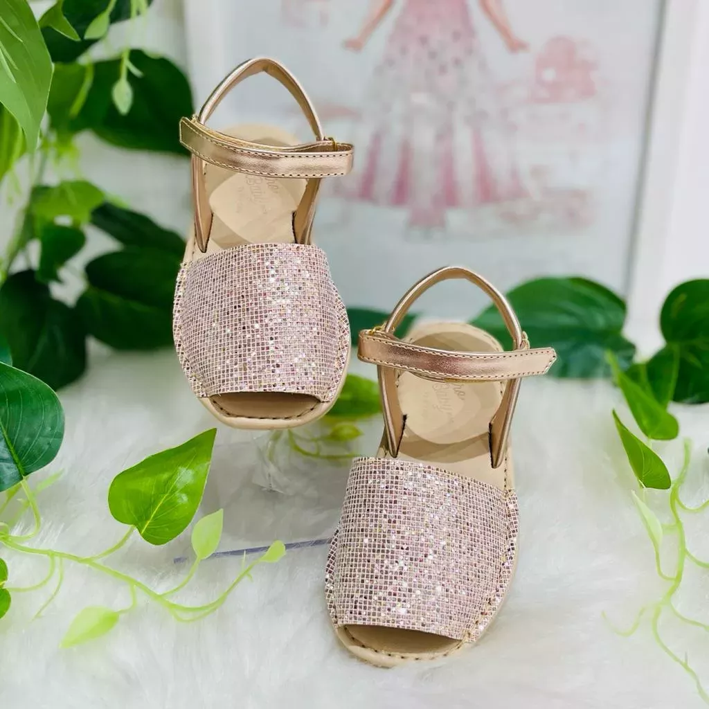 Sandália Infantil Avarca de Couro Legítimo Rosé Luxo com Glitter Euro Baby