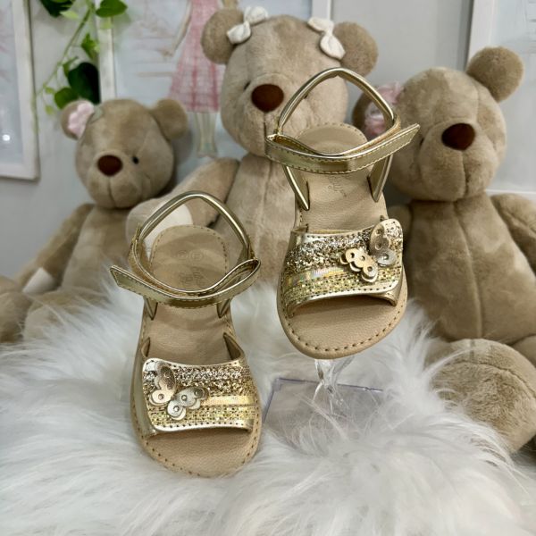 Sandália Infantil Euro Baby Kids Dourado Claro de Couro Legítimo com Borboletas e Brilho