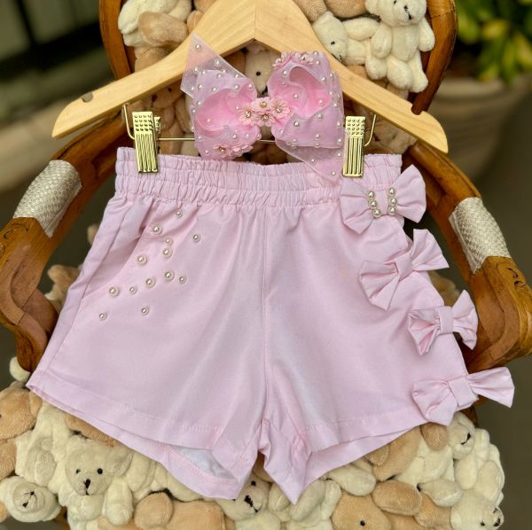 Short Infantil Yoyo Rosa Claro Pérolas Laços