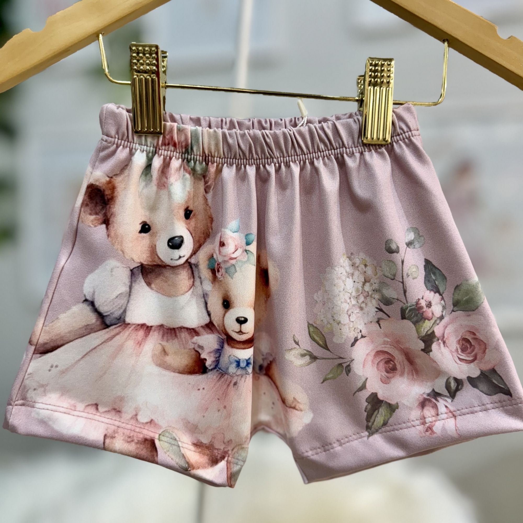 Short Infantil Yoyo Rosê Ursinhas Floral 