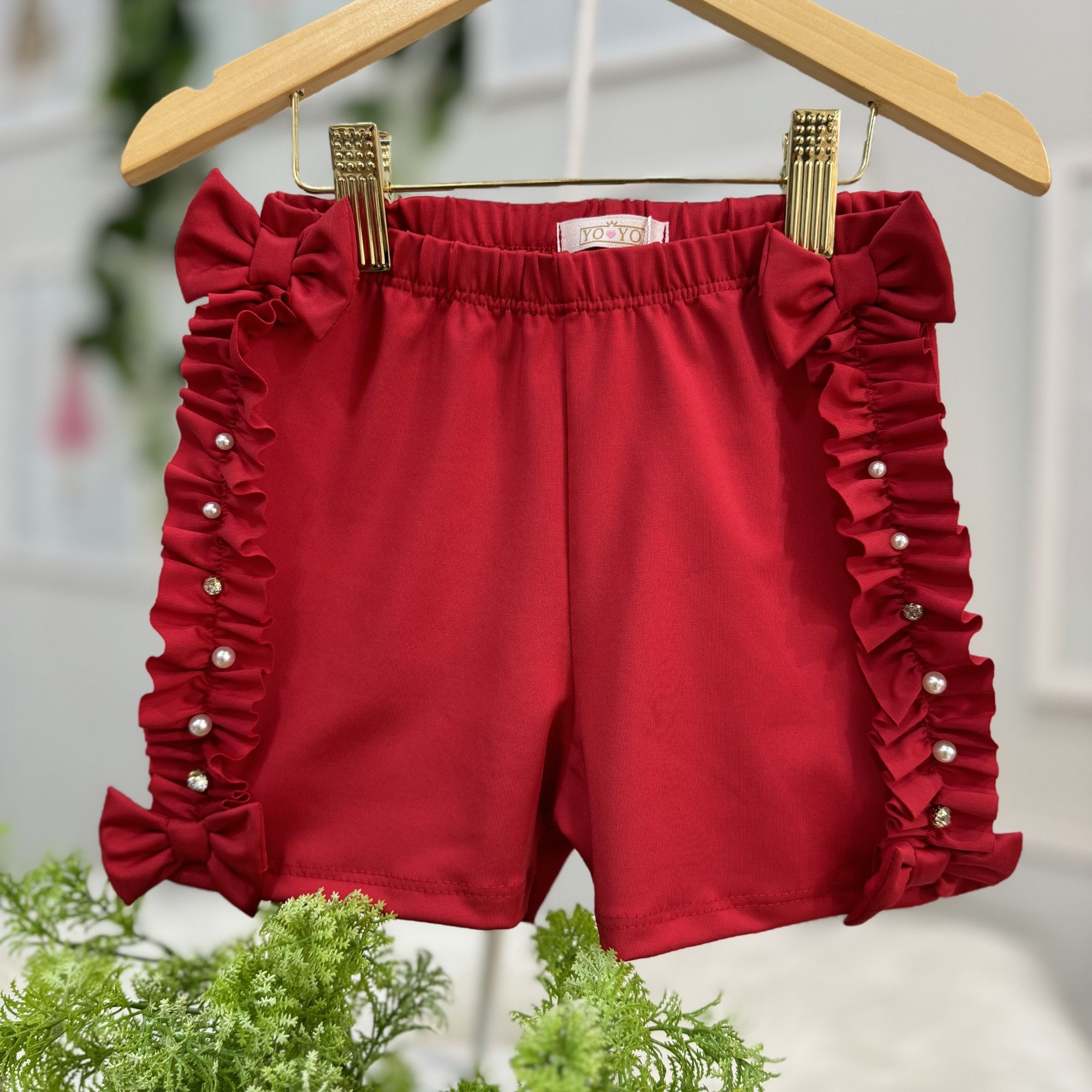 Short Infantil Yoyo Vermelho Liso Strass Pérolas Laço