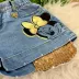 Shorts Infantil Animê Jeans Estampa Minnie Dourada Bolsos Lantejoulas Douradas Aplic.Pingente 