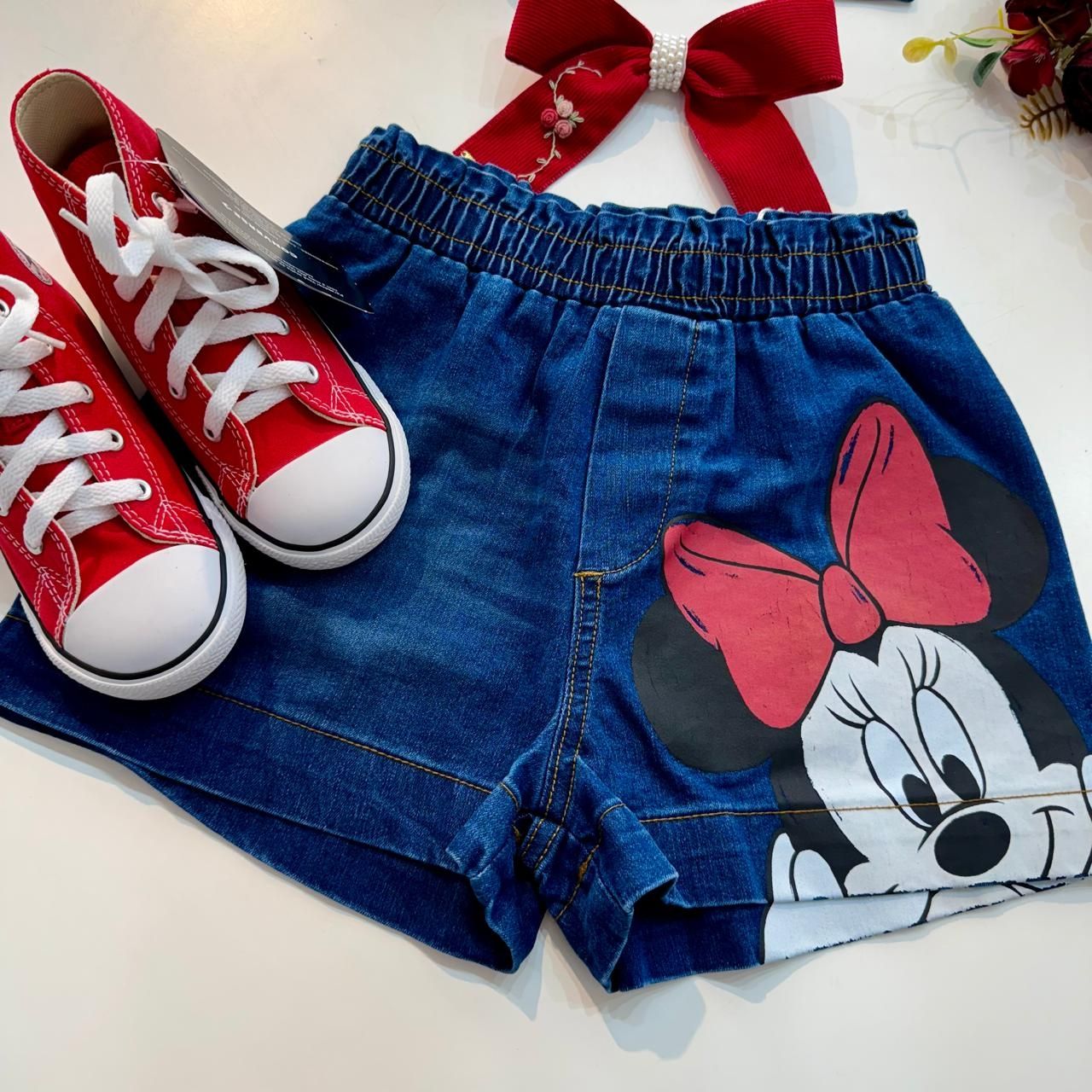 Shorts Infantil Feminino Animê Disney Minnie Jeans Escuro