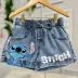 Shorts Infantil Momi Jeans Estampa Stitch Disney Amarração Cintura