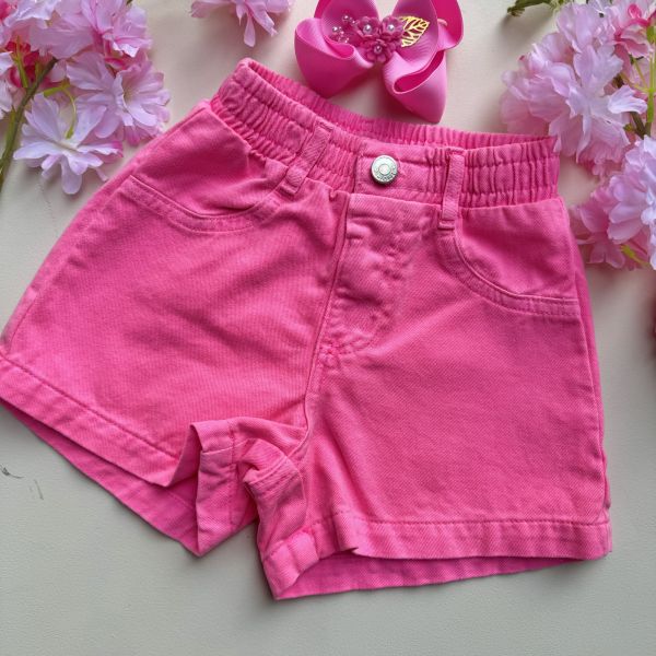 Shorts Infantil Momi Rosa Neon Sarja com Glitter