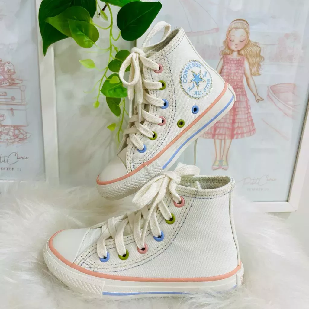 Tênis Infantil Converse All Star Cano Alto Off-White Detalhes Coloridos