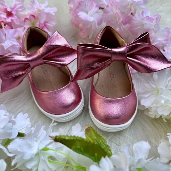 Tênis Infantil Slip On Maria Lua Rosa Metalizado com Laço Boneca e Velcro