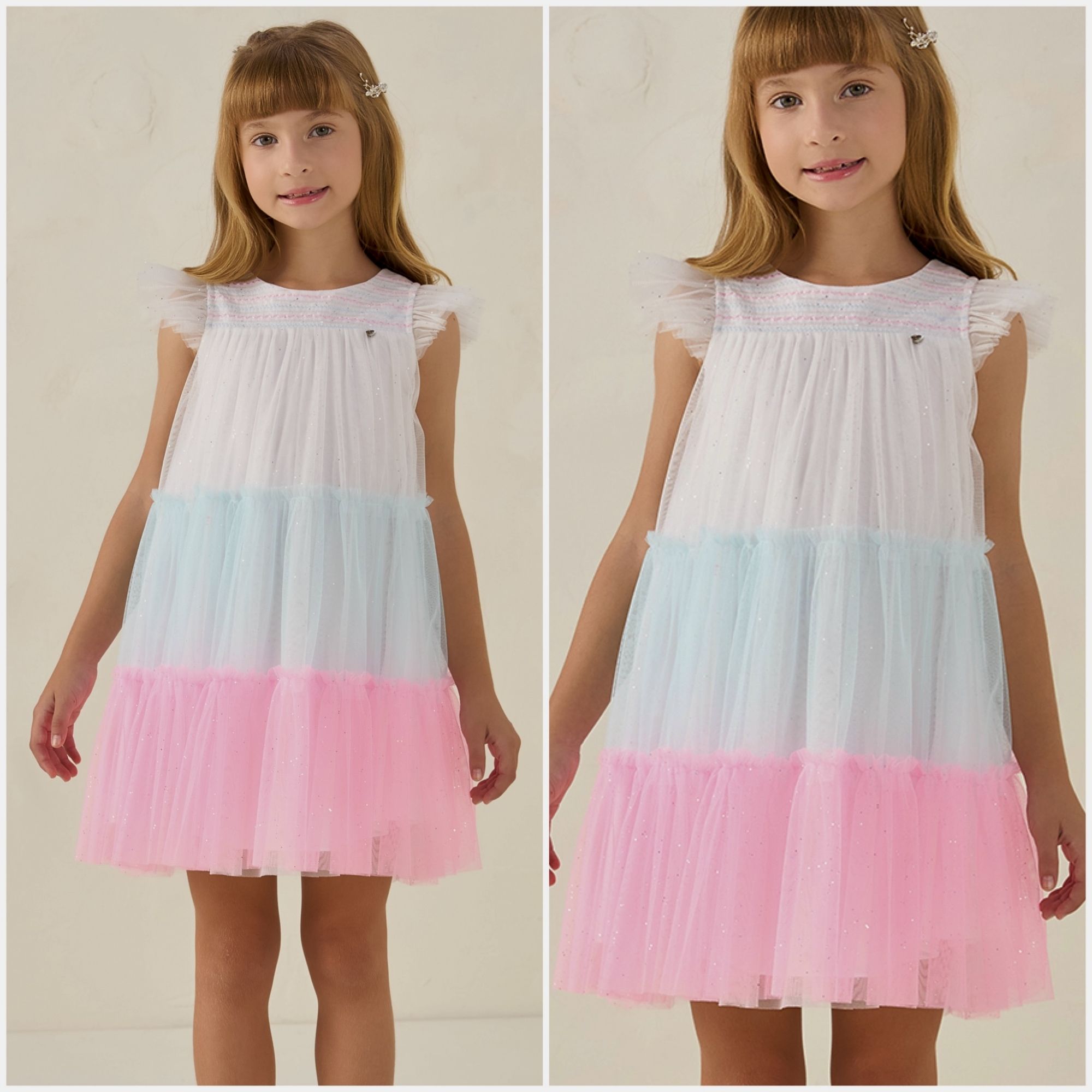 Vestido Festa Petit Cherie Off-White Sobrep.Tule Azul e Rosa Brilho Bordado Lantejoulas