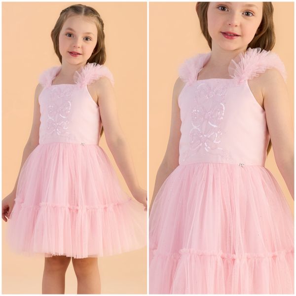 Vestido Festa Petit Cherie Rosa Pastel Ombros Flutuantes Frufru Sobrep.Tule Brilho Laços Lantejoulas