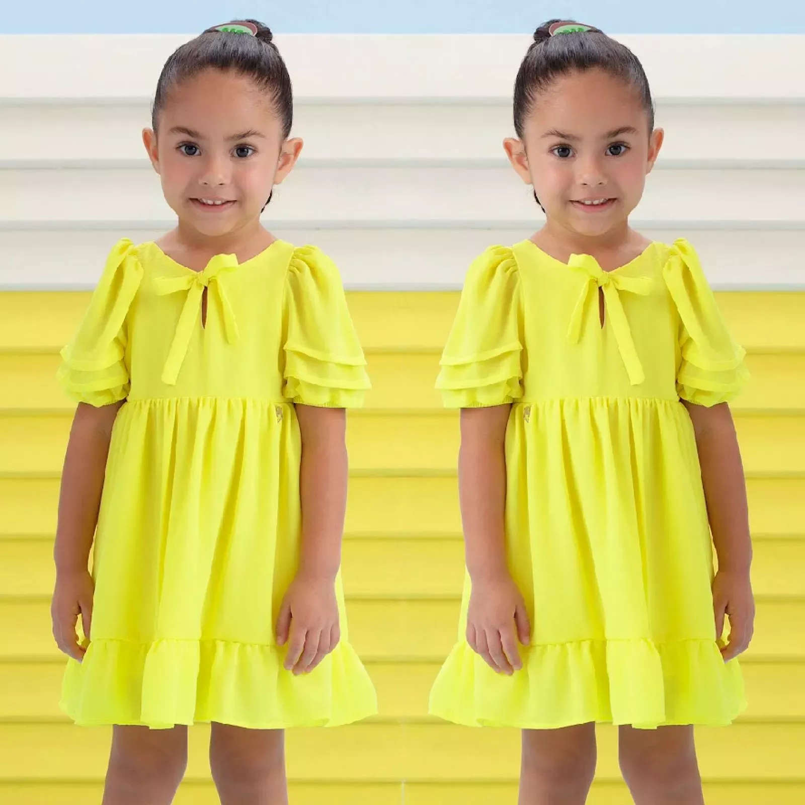 Vestido Infantil Amarelo Neon com Mangas Babado Mon Sucré