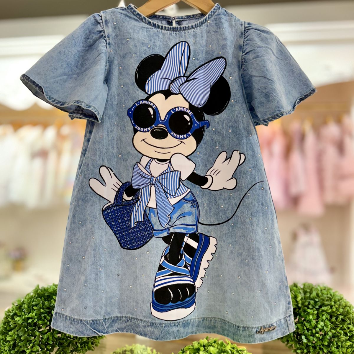 Vestido Infantil Animê Azul Jeans Minnie Disney Jeans Manga Borboleta Strass