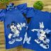 Vestido Infantil Animê Azul Mickey e Amigos Estampa Frente Verso Aplicação Logo Strass