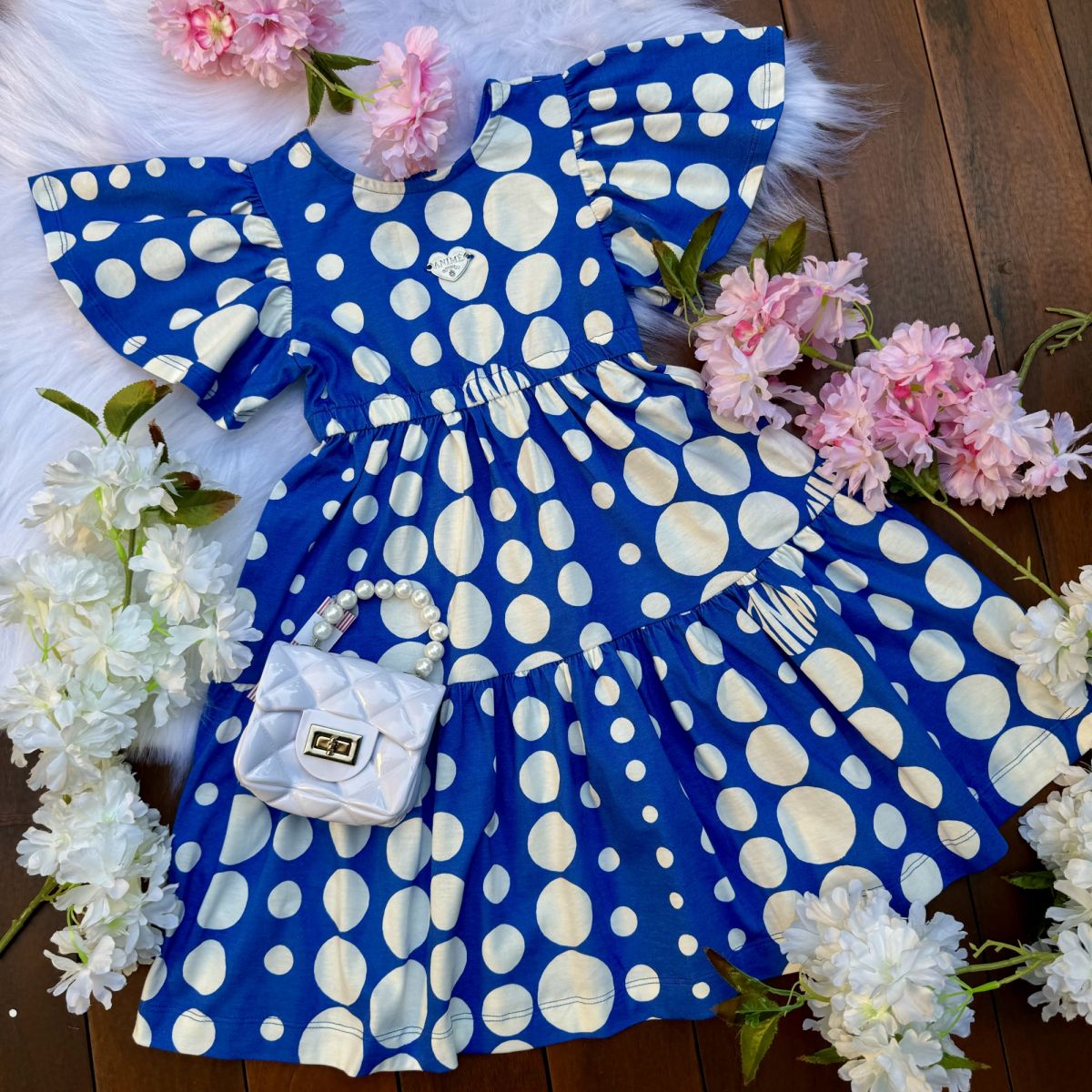 Vestido Infantil Animê Azul POA com Babados Manga Flutuante