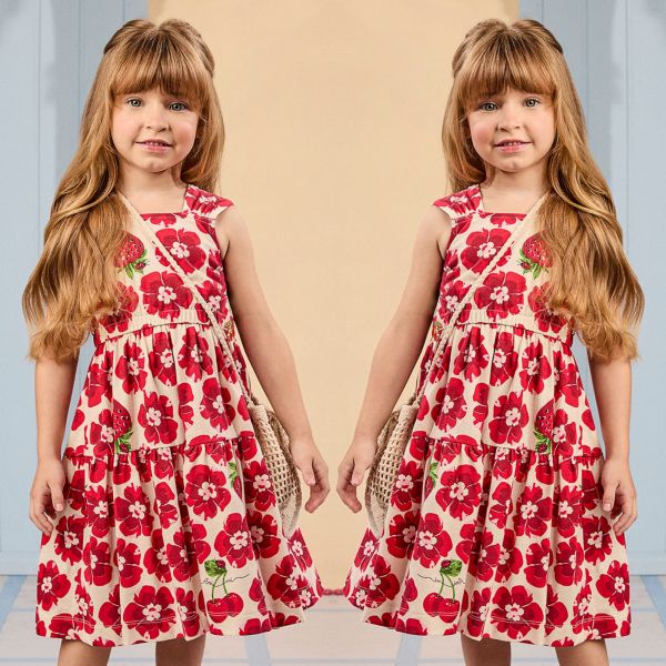 Vestido Infantil Animê Off White Estampa Floral Vermelha Joaninha Ombros Flutuantes