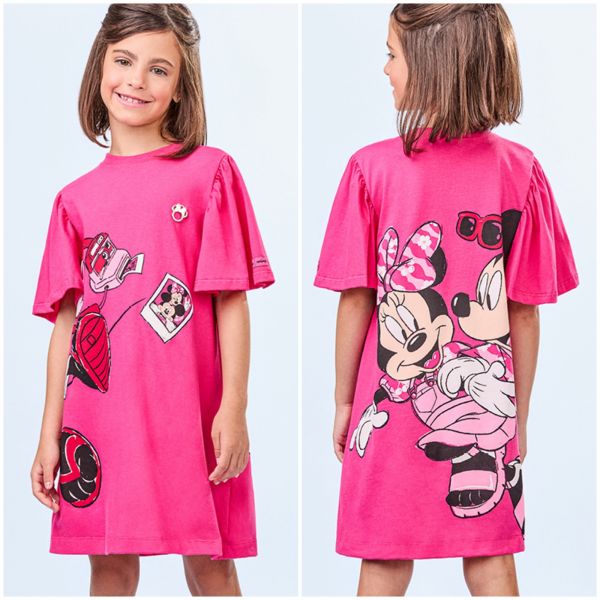 Vestido Infantil Animê Pink Minnie Mickey Estampa Frente Verso Aplicação Logo Strass