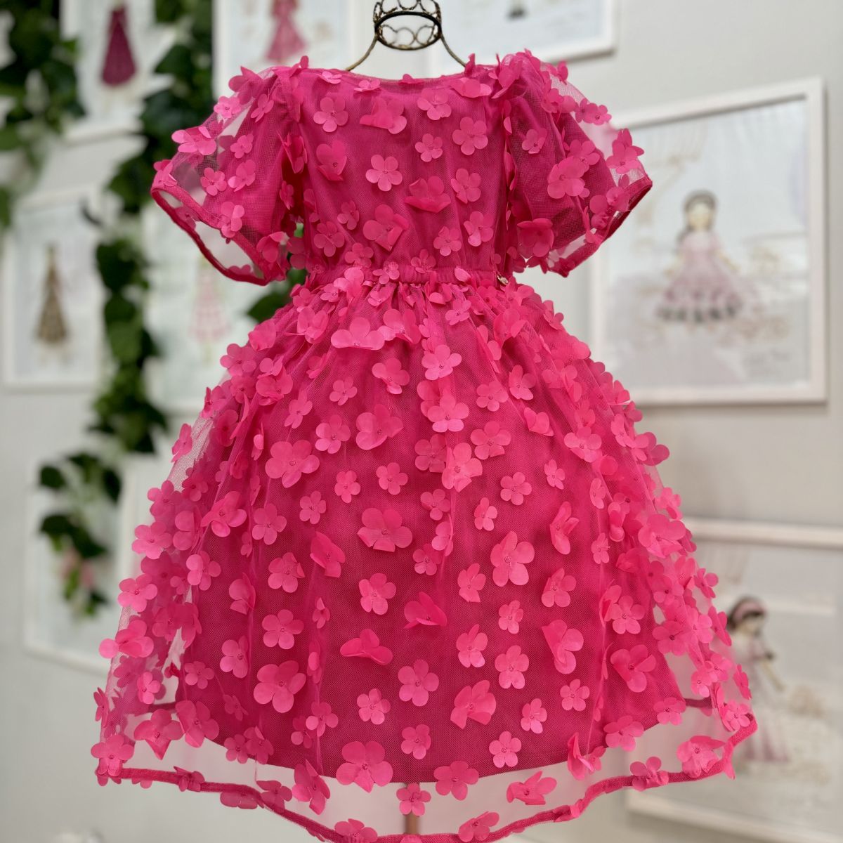 Vestido Infantil Animê Pink Sobrep. Tule Flores Bordadas 3D