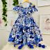 Vestido Infantil Animê Tons De Azul Minnie Azulejos Renda Aplique Strass Disney