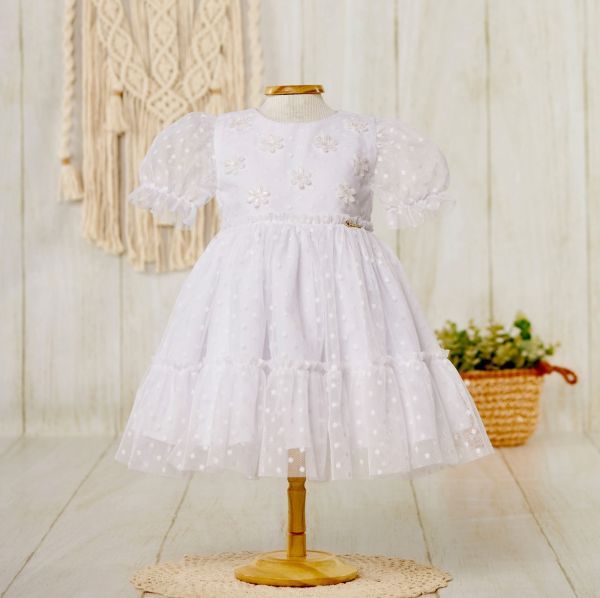 Vestido Infantil Bambollina Branco Sobrep. Tule Flores 3D Paetês Manga Tule Zíper