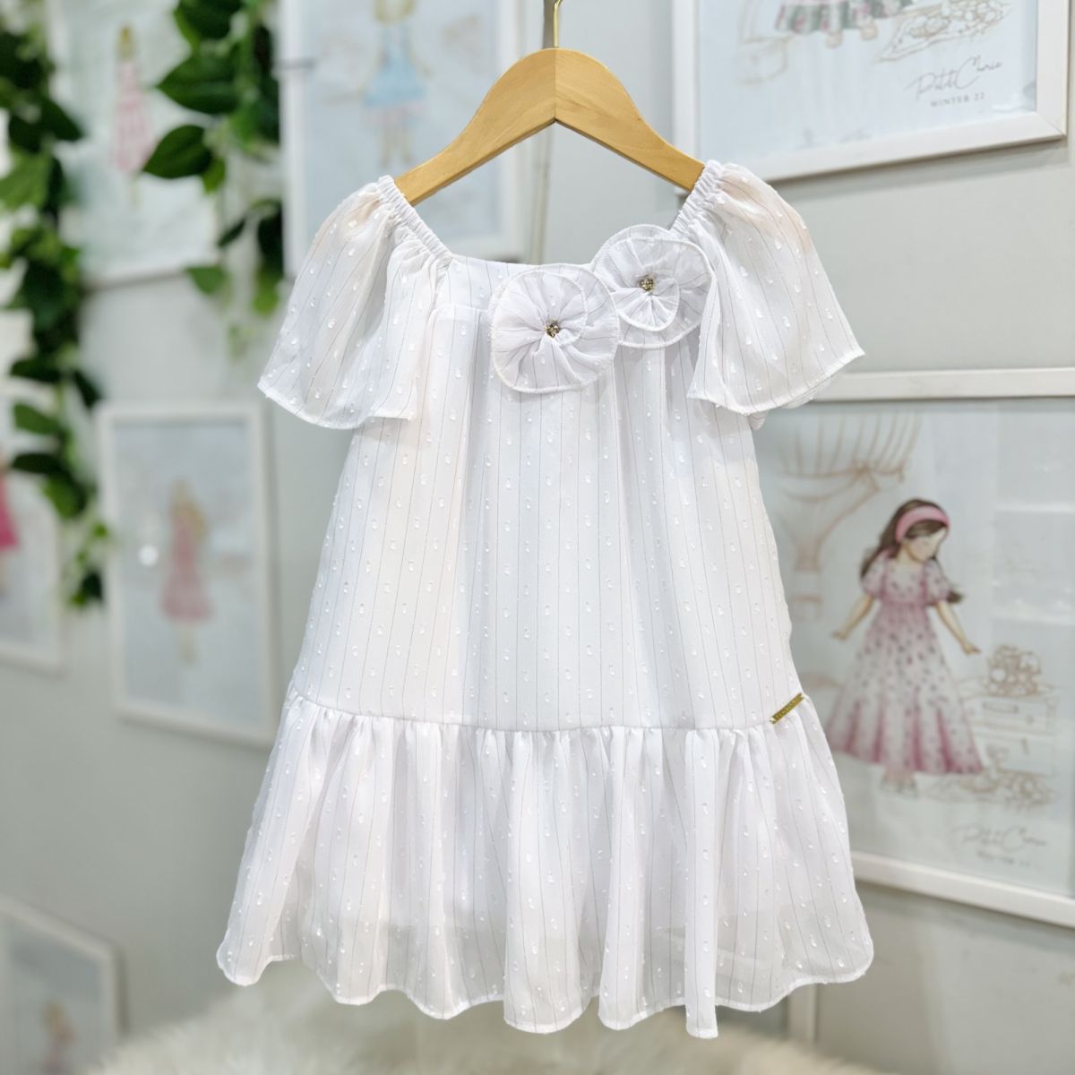 Vestido Infantil Bambollina Off White Chiffon Diamante Pedrarias