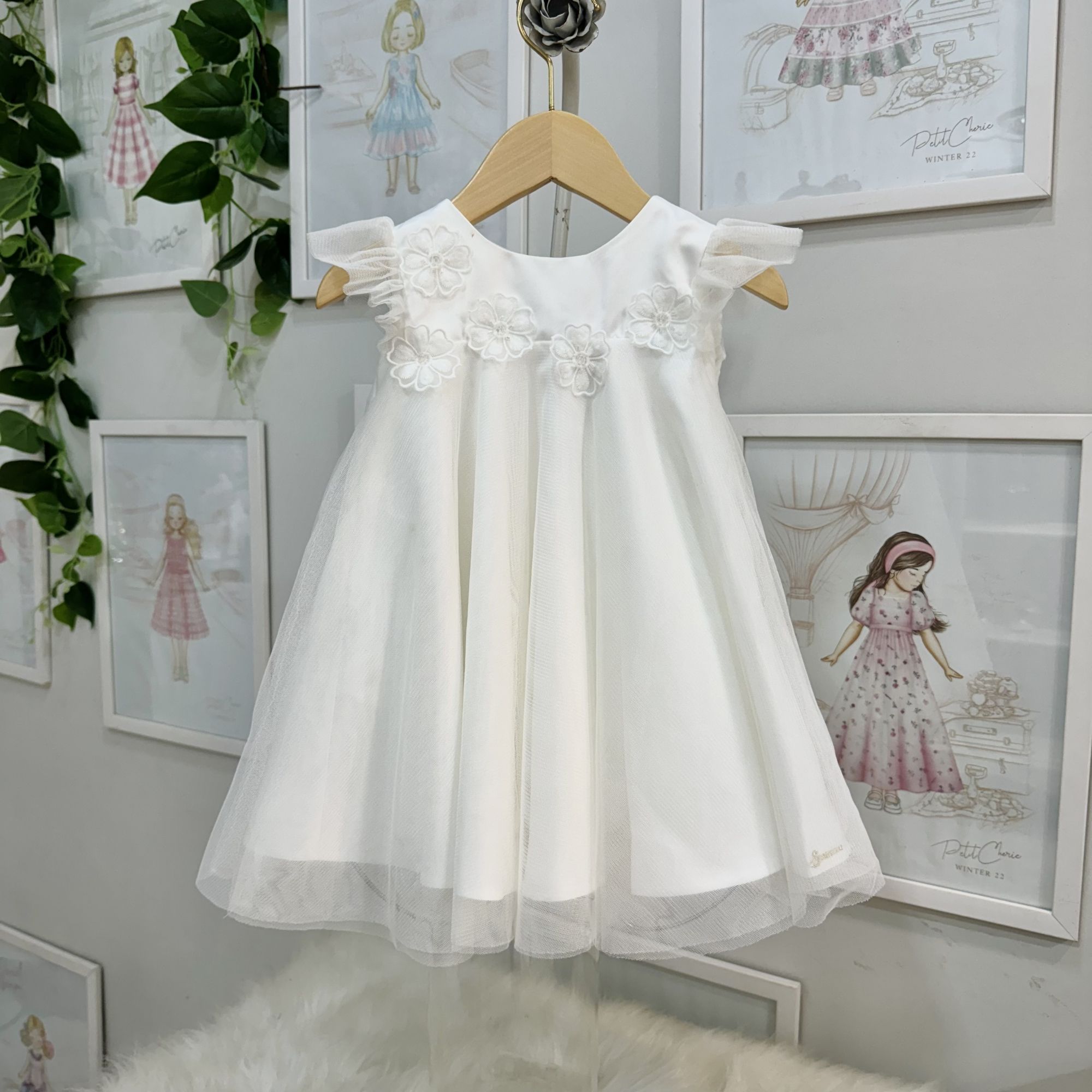 Vestido Infantil Bambollina Off White Flores Aplicação Lantejoulas incolores