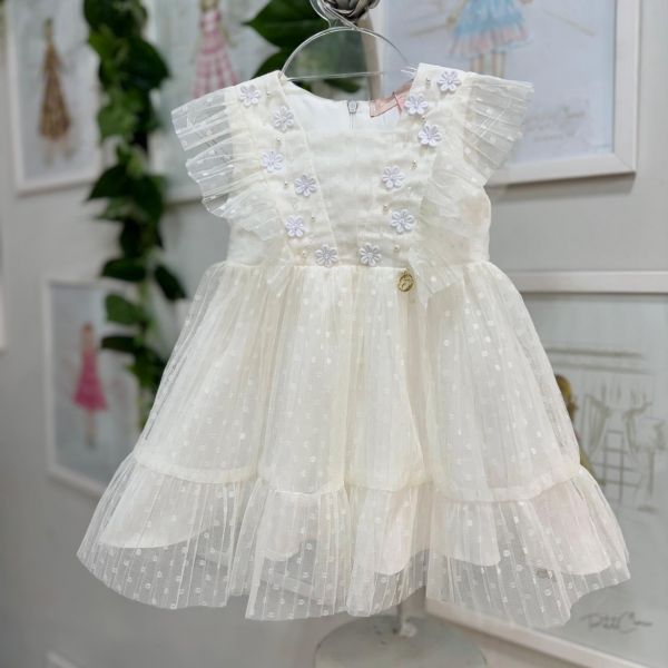 Vestido Infantil Bambollina Off-White Sobrep. POA Babados Bordado Flores e Pérolas