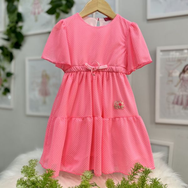 Vestido Infantil Bambollina Rosa Neon Telado Liso Amarração Cintura Laço Babados