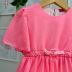 Vestido Infantil Bambollina Rosa Neon Telado Liso Amarração Cintura Laço Babados