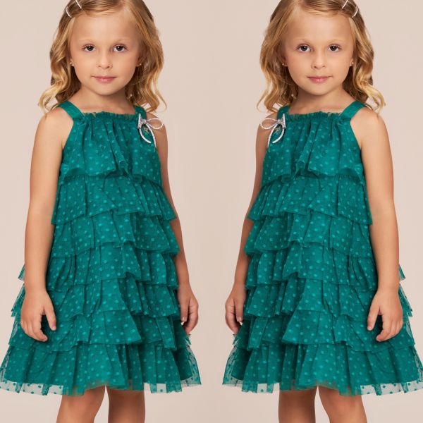 Vestido Infantil Bambollina Verde Kentucky Sobrep.Tule Poá Camadas Laço Lateral Strass Estrela